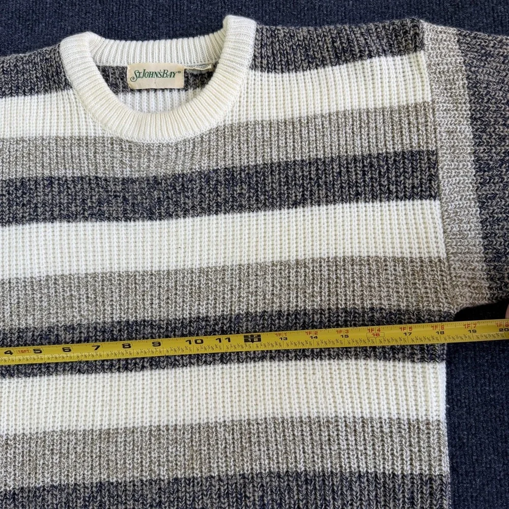 Vintage St. John's Bay Sweater Mens Medium Gray Striped Waffle Knit Crewneck - Picture 5 of 8